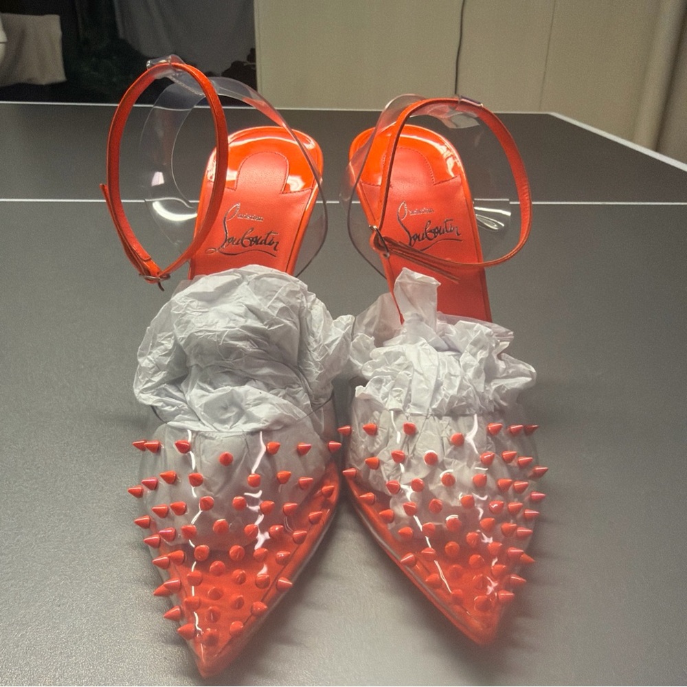 Christian Louboutin Spikoo PVC Fluo Neon Orange AnkleStrap‎ Sandal Pumps NWOT 39 - Picture 2 of 10